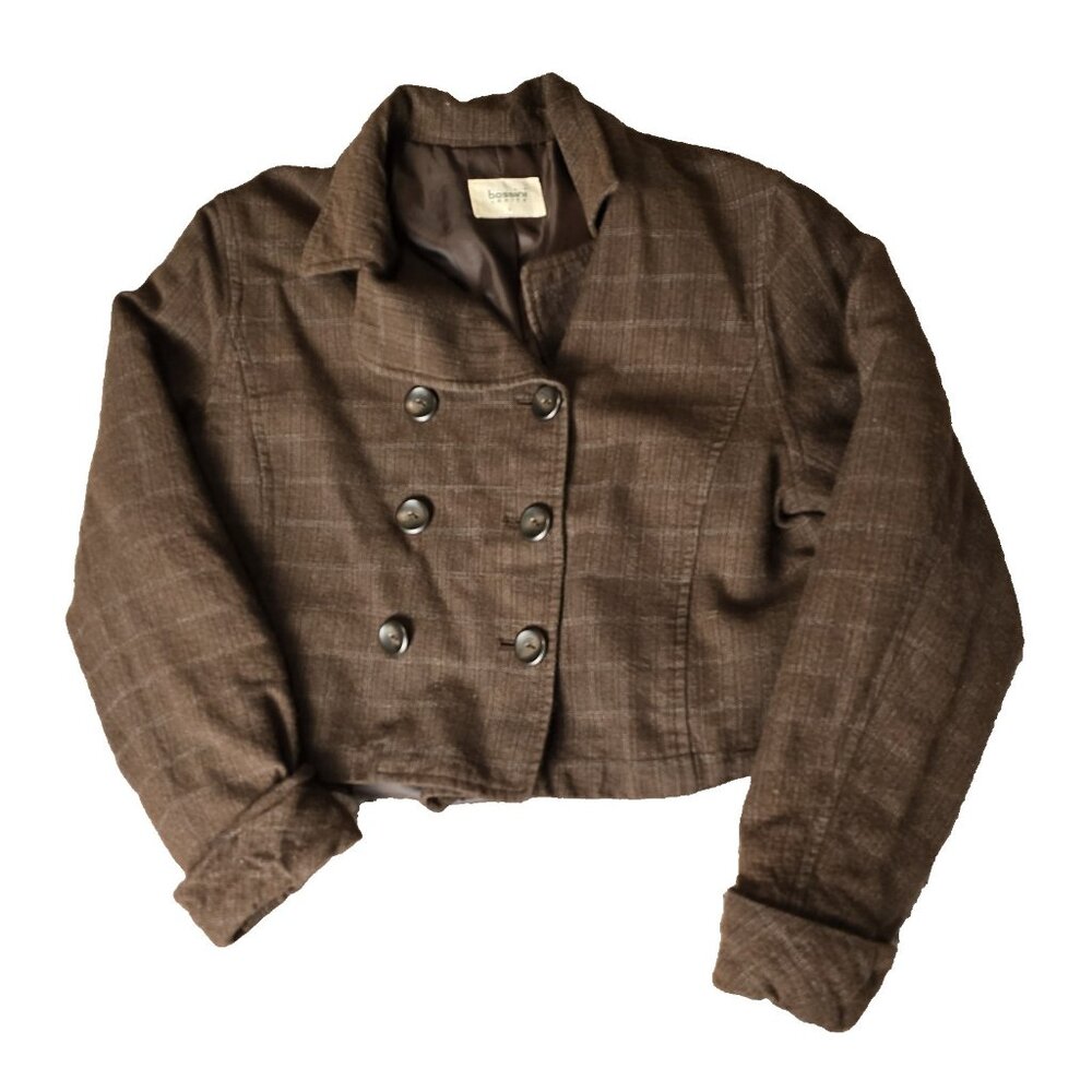 Vintage Bossini Ladies Brown Wool Blend‎ Plaid Cropped Blazer Dark Academia Prep